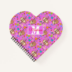 Colorful Cute Sloth Pattern Jouw naam hart toevo Notitieboek