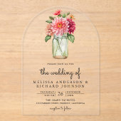 Colorful Dahlia Floral Mason Jar Wedding Acryl Uitnodigingen (Voorkant)