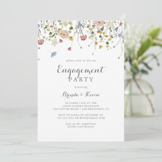 Colorful Dainty Wild Flowers Engagement Party Kaart (Staand voorkant)
