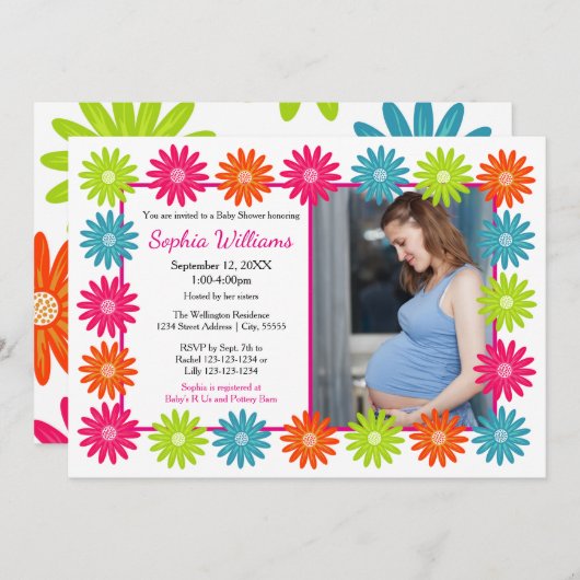 Colorful Daisies - Baby shower Invitation Kaart (Voorkant / Achterkant)