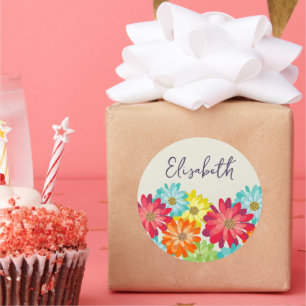 Colorful Daisies Birthday Girl Custom Name Ronde Sticker