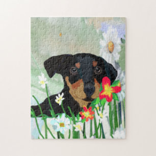 Colorful Daisies en Doberman Pincher Puppy Legpuzzel