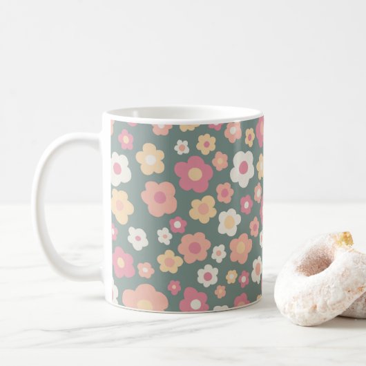 Colorful Daisies Floral Retro Pattern Pastel Koffiemok (Met donut)