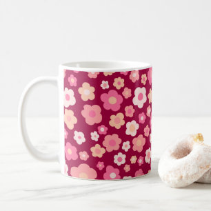 Colorful Daisies Floral Retro Pattern roze rood Koffiemok