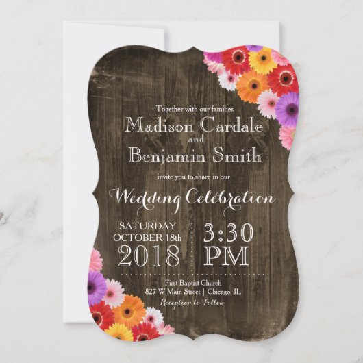 Colorful Daisies Rustic Barn Wood Wedding Invites Kaart (Voorkant)