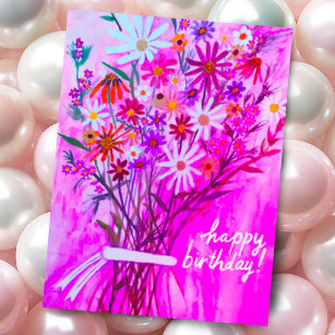 Colorful Daisy Bouquet Happy Birthday Paars Briefkaart