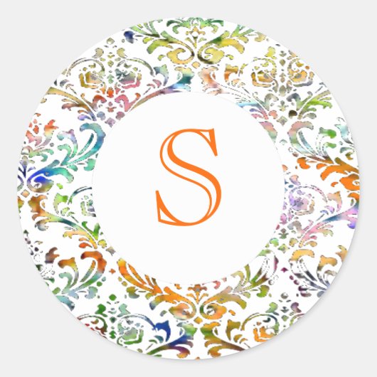Colorful Damask  Monogram Ronde Sticker (Voorkant)
