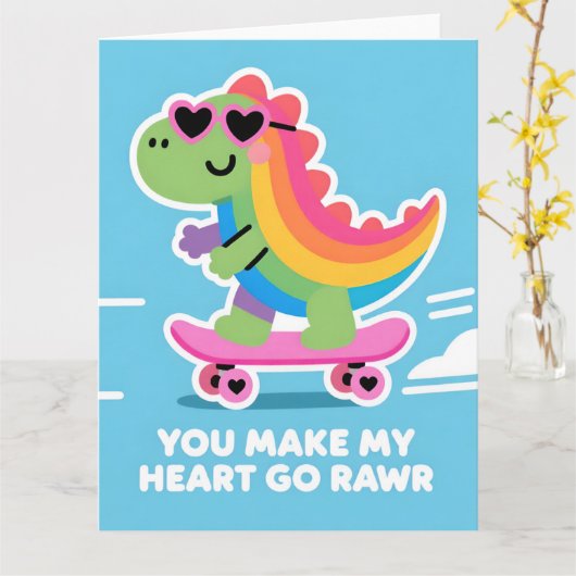 Colorful Dino Love Funny Valentine Card Kaart (Gele Bloem)