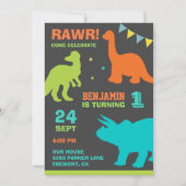 Colorful Dinosaur First Birthday Party Invitation Kaart (Voorkant)