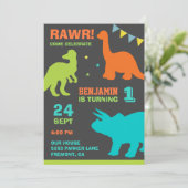 Colorful Dinosaur First Birthday Party Invitation Kaart (Staand voorkant)