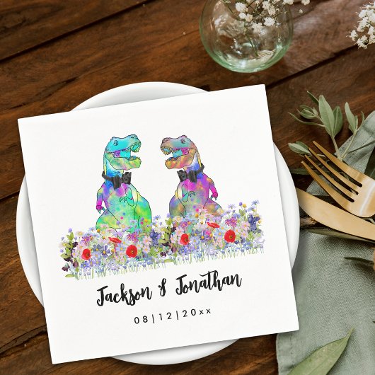 Colorful Dinosaur Gay Wedding T-Rex Two Grooms Servet