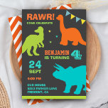 Colorful Dinosaur Kids Birthday Party Invitation Kaart<br><div class="desc">Maak je gasten geweldig met deze coole uitnodiging voor verjaardagsfeestjes met heldere kleurrijke dinosaurussen met levendige typografie tegen een grijze achtergrond. Voeg eenvoudig uw gebeurtenisdetails op deze makkelijk te gebruiken sjabloon toe om het één-van-een-soort uitnodiging te maken. Draai de kaart om een elegant oranje chevron patroon op de achterkant van...</div>