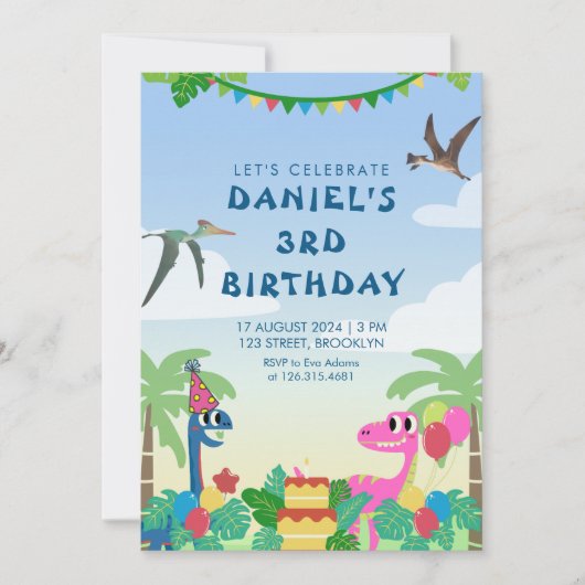 Colorful Dinosaur Thlethday Party Invitation Kaart (Voorkant)