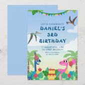 Colorful Dinosaur Thlethday Party Invitation Kaart (Voorkant / Achterkant)