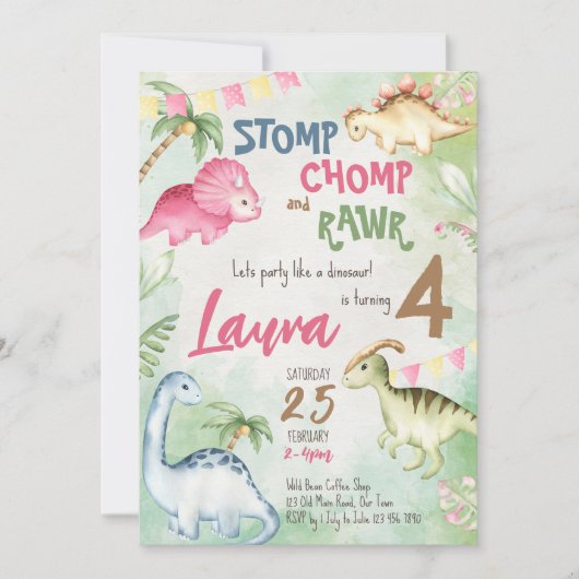 Colorful dinosaur verjaardagsfeest uitnodiging (Voorkant)