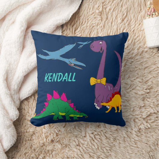Colorful Dinosaurs Child's Name Navy Sierkussen (Deken)