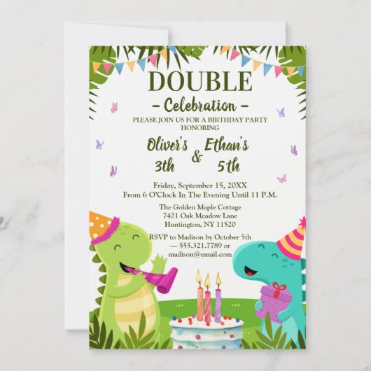 Colorful Dinosaurs Kids Joint Birthday Invitation Kaart (Voorkant)
