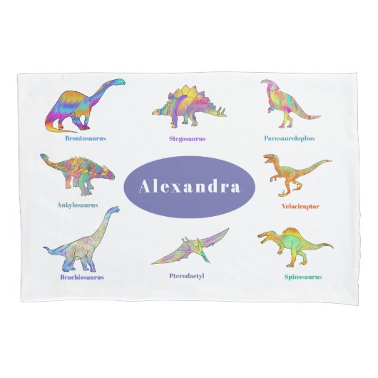 Colorful Dinosaurs met namen Pattern paars Kussensloop (Voorkant)
