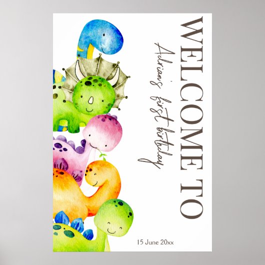 Colorful dinosaurs party gepersonaliseerd welkomst poster (Voorkant)