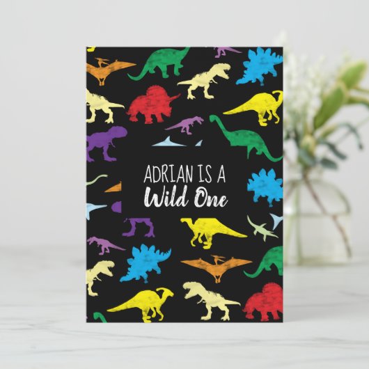 Colorful Dinosaurs Wild One Kids Birthday Kaart (Staand voorkant)