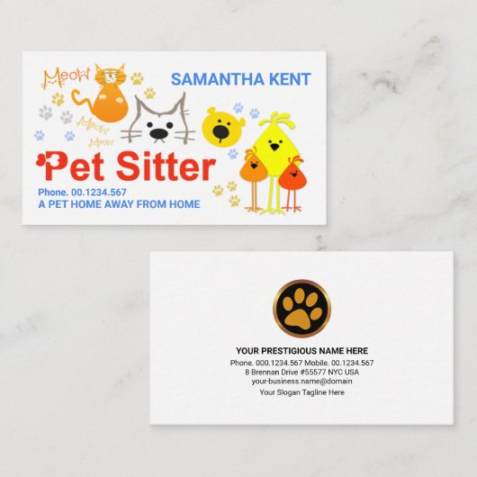 Colorful Dog Cat Bird Pet Care Visitekaartje (Voorkant / Achterkant)