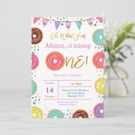COLORFUL Donut First Birthday Uitnodiging (Staand voorkant)