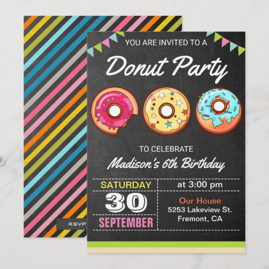 Colorful Donuts Kids Birthday Party Invitation Kaart (Voorkant / Achterkant)