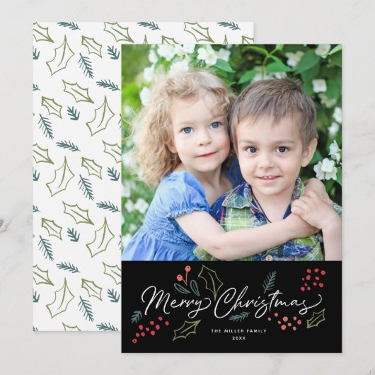 Colorful Doodles Merry kerstfoto Black Feestdagenkaart (Voorkant / Achterkant)