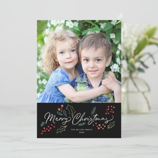 Colorful Doodles Merry kerstfoto Black Feestdagenkaart (Staand voorkant)