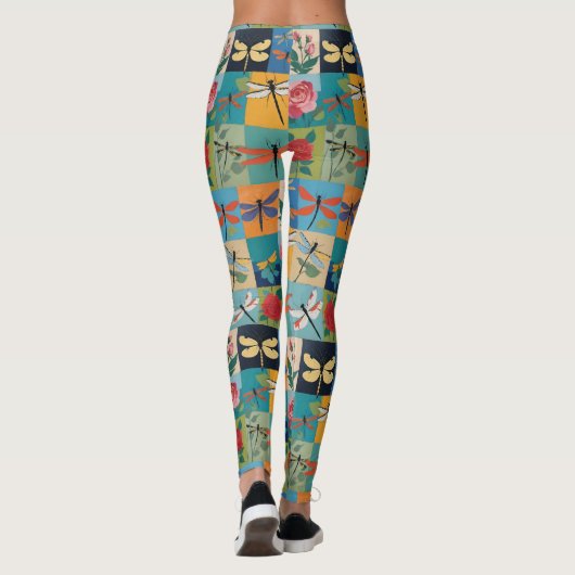 Colorful Dragonflies And Roses Patchwork Leggings (Achterkant)