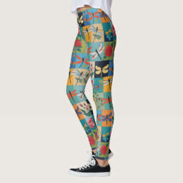 Colorful Dragonflies And Roses Patchwork Leggings