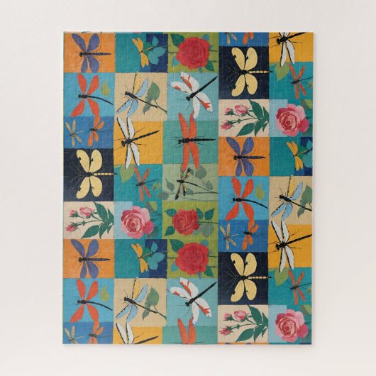 Colorful Dragonflies And Roses Patchwork Legpuzzel (Verticaal)