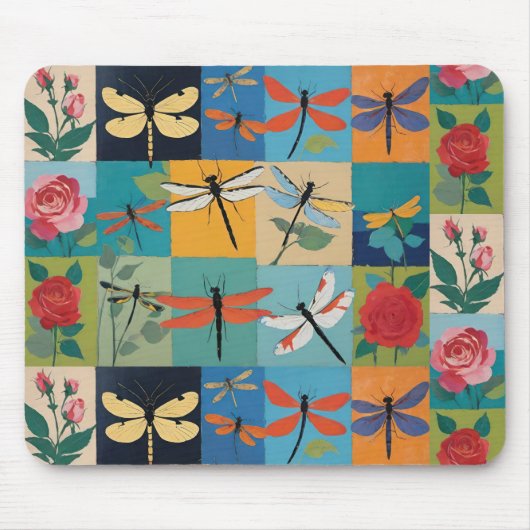 Colorful Dragonflies And Roses Patchwork Muismat (Voorkant)