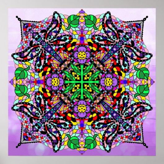 Colorful Dragonfly en Flowers ThMED Mandala Art Poster (Voorkant)