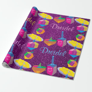 Colorful Dreidels Paars Faux Glitter Hanukkah Cadeaupapier