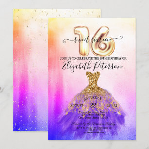 Colorful Dress Confetti Ombre Sweet 16 Kaart