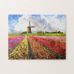 Colorful Dutch Tulps Flower Fields Waterverf Art Legpuzzel