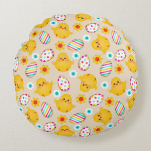 Colorful Easter Eggs and Chicken Pattern Rond Kussen