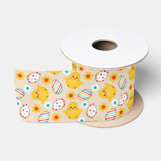 Colorful Easter Eggs and Chicken Pattern Satijnen Lint (Spoel)