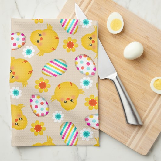Colorful Easter Eggs and Chicken Pattern Theedoek (Quarter Fold)