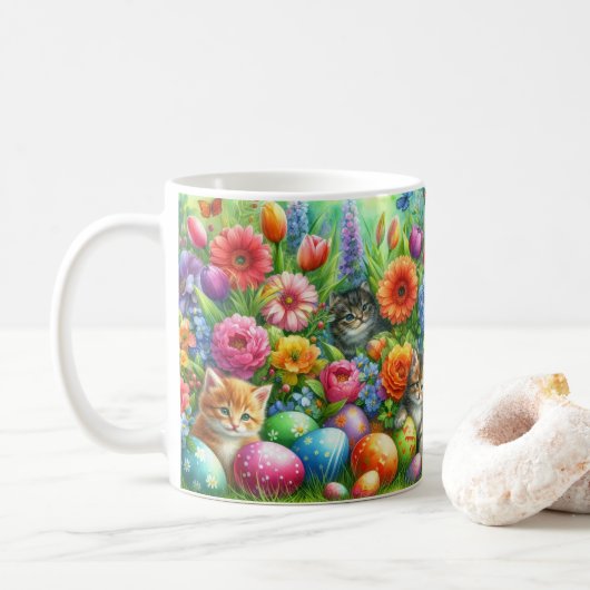 Colorful Easter Flowers and Cute Cats  Koffiemok (Met donut)