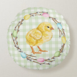 Colorful Easter Willow Wreath With Yellow Chick Rond Kussen