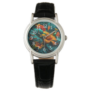 Colorful Elegant Tropical Leaves en Flowers   Horloge