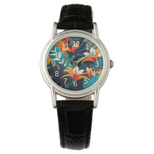 Colorful Elegant Tropical Leaves en Flowers   Horloge
