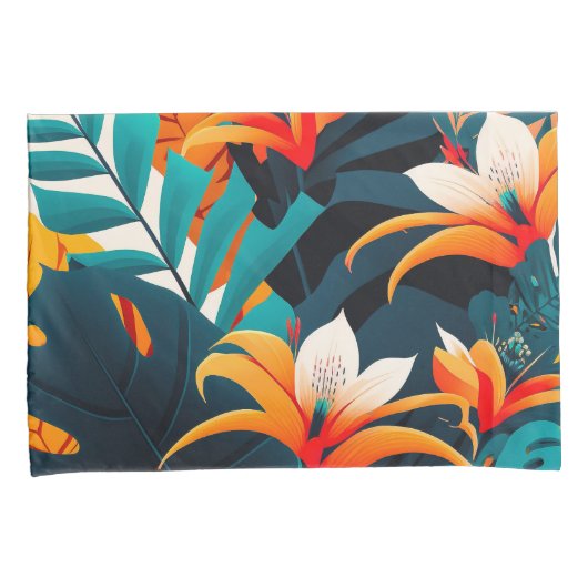 Colorful Elegant Tropical Leaves en Flowers | Kussensloop (Voorkant-Rechts)