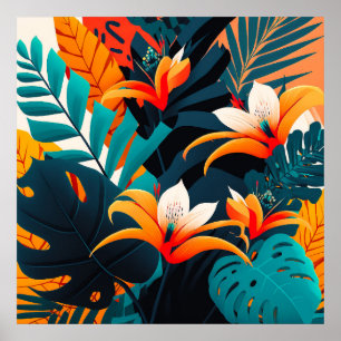 Colorful Elegant Tropical Leaves en Flowers Poster