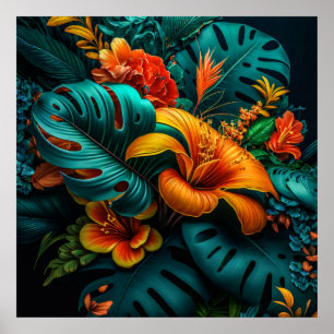 Colorful Elegant Tropical Leaves en Flowers   Poster