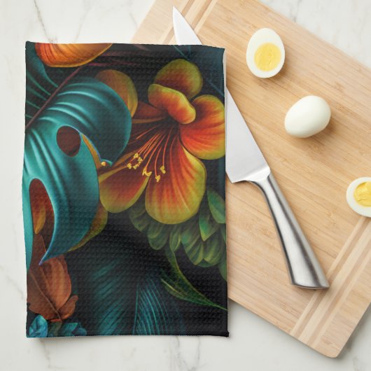 Colorful Elegant Tropical Leaves en Flowers | Theedoek (Quarter Fold)