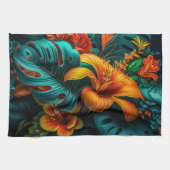 Colorful Elegant Tropical Leaves en Flowers | Theedoek (Horizontaal)