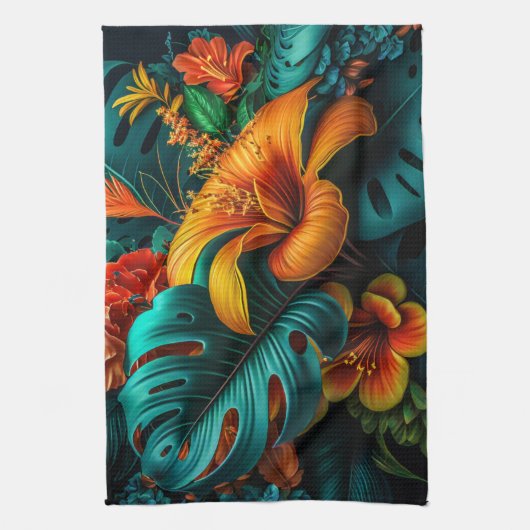 Colorful Elegant Tropical Leaves en Flowers | Theedoek (Verticaal)